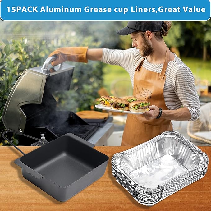 Grease Tray Replacement for Nexgrill 720-0896 720-0830H 720-0830D, Grill Drip Pan Rreplacement Grease Catcher Cup Box for Cuisinart CGG-7400 with 15 Pack Aluminum Foil Liner