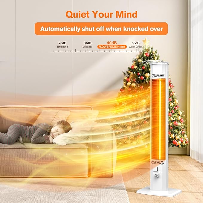 FLOWBREEZE Outdoor Patio Heater, 42in Infrared Heater with Remote, 9 Heat Levels, 9H Timers, Safety Lock, Tip-Over & Overheat Protection, IP65 Waterproof, Portable Electric Heater for Outdoor Use