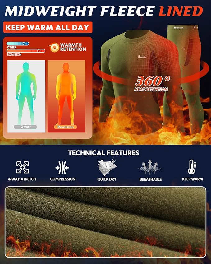 romision 2 Pack Thermal Underwear for Men Long Johns Fleece Lined Hunting Gear Bottom Top Set Base Layer Cold Weather XS-4XL
