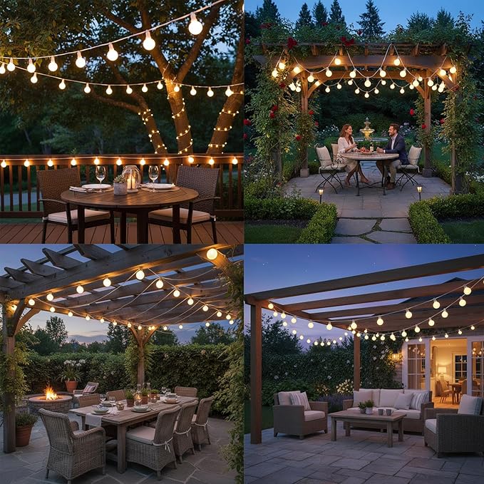 25Ft Outdoor White Frosted String Lights with 27 G40 Frosted Bulbs,E12 Socket Base,Waterproof Connectable Hanging Lights for Backyard Wedding Porch Bistro Party Valentine's Day Decor,White Wire