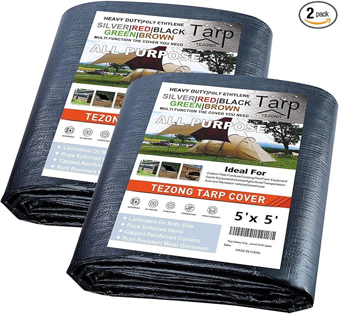 Tarp Heavy Duty Waterproof 5x5ft,TEZONG Black Tarp 12Mil Plastic Tarpaulin Outdoor Tarp Cover for Emergency Rain,Patio Furniture,Wood,Roof,Camping,Car,Pool 2pack