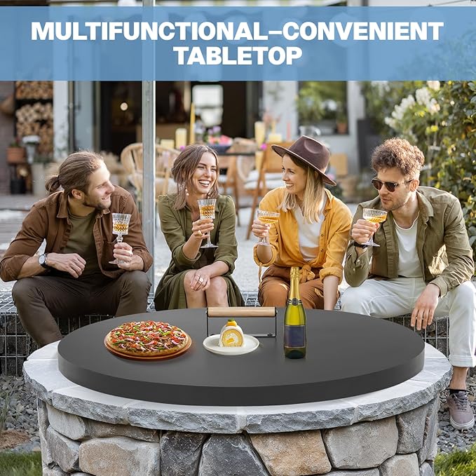 Fire Pit Lid Round 30", Heat Resistant Metal Firepit Cover with A Wooden Handle for Round Patio Fire Pit, Compatible for Firepits Inside Dia Up to 28"