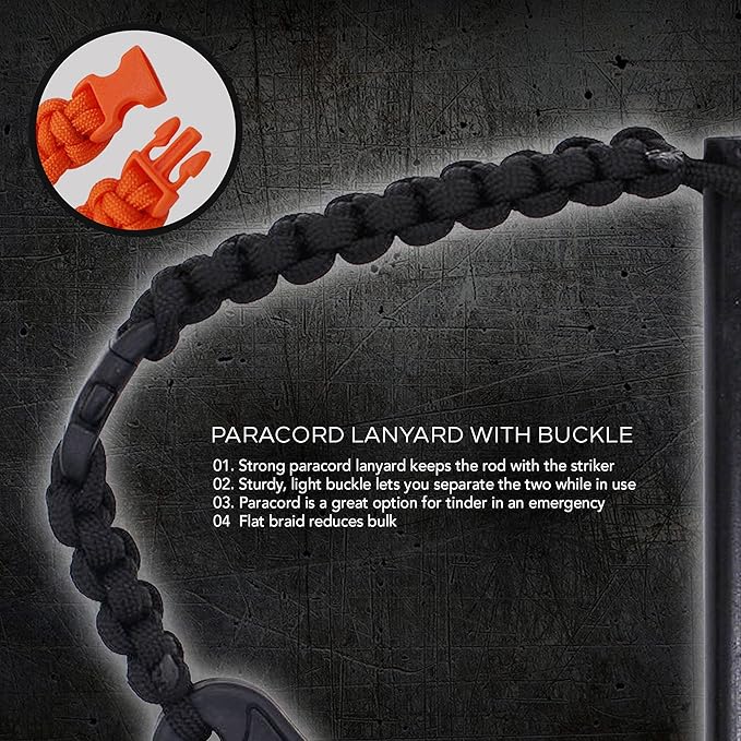 Hot Strike Ferro Rod Fire Starter | Emergency Ferrocerium Tool with Premium Striker and Lanyard with Buckle | Large Flint & Steel Survival Kit (5 x 1/2 in) | Camping, Survival, Emergency