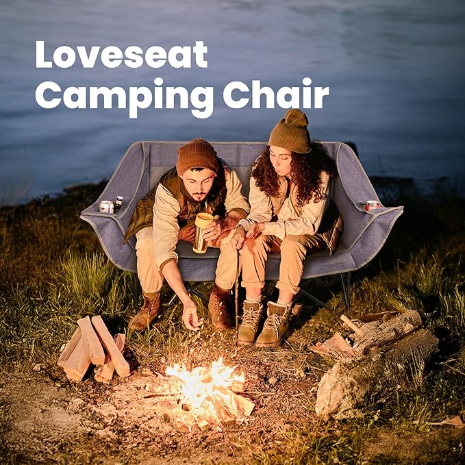 700lbs Capacity Double Camping Chair for 2 Adults - Low-Profile Outdoor Loveseat with XL Cup Holders & Storage Pockets, Heavy Duty Folding Couch for Camping, Lawn, Backyard (Navy Blue)