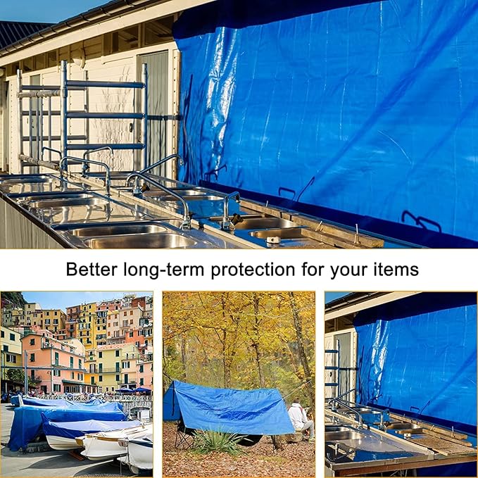 Small Tarp, Tarps Heavy Duty Waterproof 8x12, Waterproof Plastic Poly 16 Mil Thick Tarpaulin with Metal Grommets Every 19.5 Inches - Emergency Rain Shelter, Outdoor Cover, and Camping Use