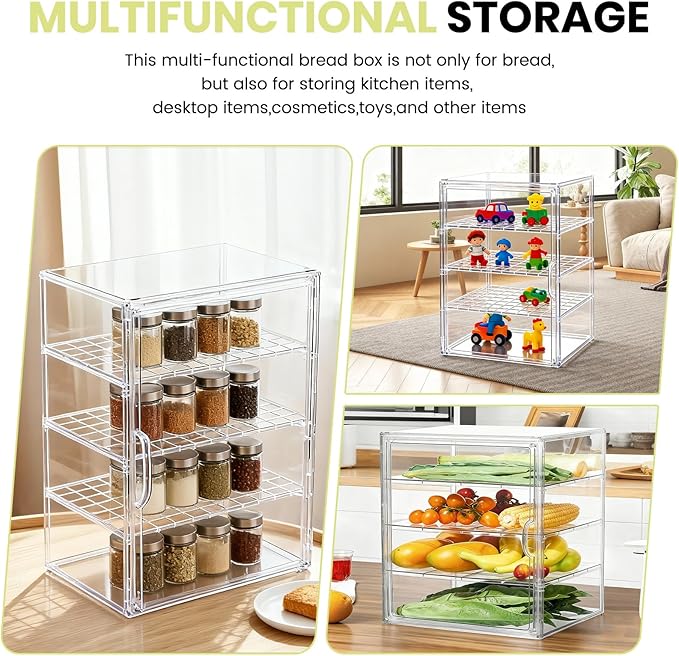 Clear Acrylic Display Case, 4-Tier Bread Box for Kitchen Countertop, 15.5x11.4x9.8 Inch Bread Storage Container with Magnetic Door for Bakery, Cookies, Donuts
