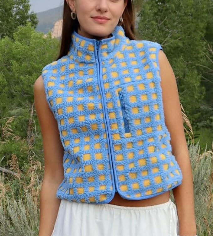 Colorful world Womens Checkered Sherpa Vest Fleece Jacket Lightweight Zip Up Sleeveless Crochet Plaid Gilet with Pocket