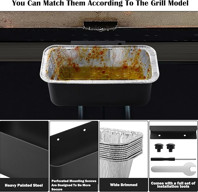 Grill Grease Catcher for Blackstone Griddle with 10 Pack Grease Cup Liners Aluminum Foil Tray Pan Drip Tray Pan for 17, 22, 28 & 36 inches Griddle (Short Hook)