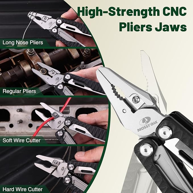 MOSSY OAK Multitool, 17-in-1 EDC Multi Tool with CNC-Machined Steel Pliers, G10 Anti-Slip Handle, Nylon Sheath & Belt Clip – Durable MultiTool for Camping, Hiking, Hunting, Survival, and Everyday Use