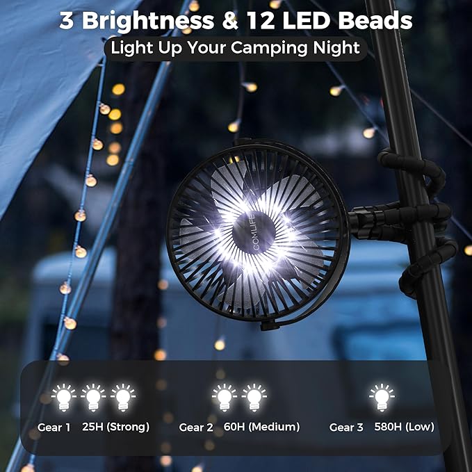 Camping Fan with LED Lantern-10000mAh Rechargeable Battery Operated Fan, 47H Run Time Max,3 Speeds,3 Timer,7 Inch Portable Clip on Fan for Stroller Treadmill Tent RV Outdoor Emergency Outage Hurricane