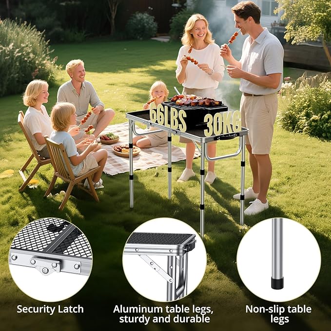 3ft Folding Grill Table with Storage Bag, 3 Adjustable Height 27.5" Aluminum Portable Grill Table, Heat Resistant, Lightweight, Portable Handle for BBQ Cooking Camping Travel, 35" X 16", Silver