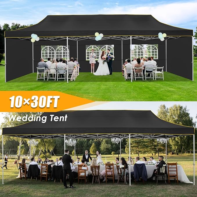 HOTEEL Tents for Parties 10x30 Heavy Duty Pop Up Canopy Tent with 5 Sidewalls&Wheeled Bag, Commercial Event Party Tent Wedding Instant Canopy Waterproof, UV 50+, Upgraded Thicked Hexagonal Legs, Black
