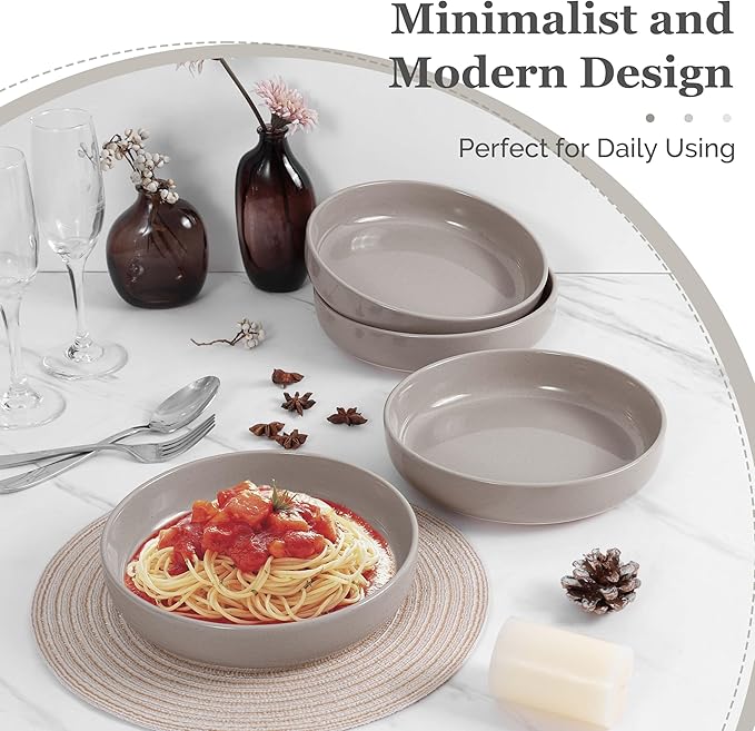 HaWare Pasta Bowls Set of 6, 33oz Large Salad Bowls for Home Kitchen, Ceramic Serving Plates for Soup, Cereal, Scratch-resistant Wide and Shallow Dinner Bowl, Microwave & Dishwasher Safe, Cream Coffee