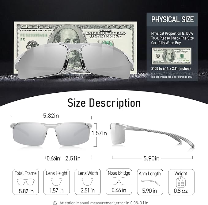 BIRCEN Polarized Carbon-Fiber Sunglasses for Men: Ultralight UV Protection Sun Glasses for Outdoor Sports Fishing Golf Hiking