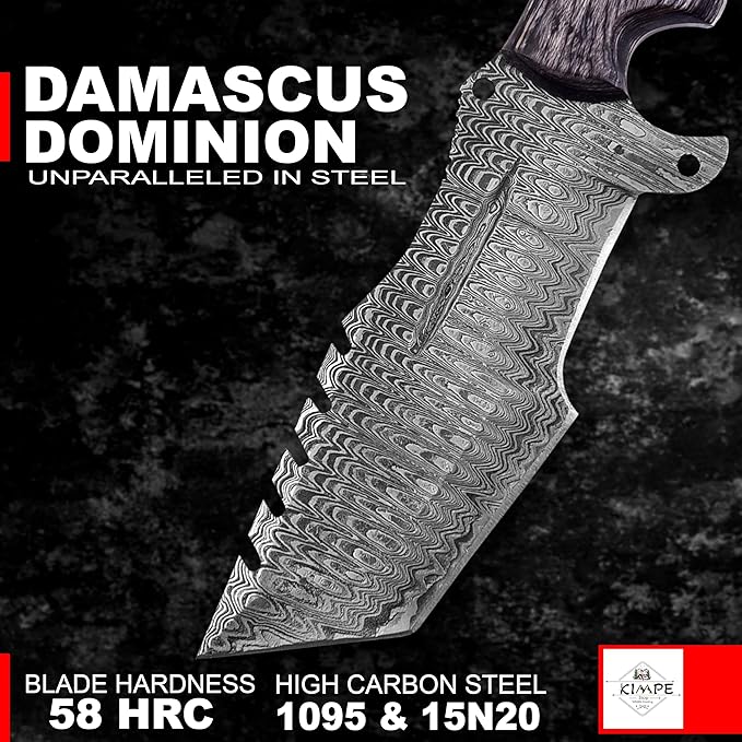 KIMPE 10.5’’ Damascus Hunting Knife with Leather Sheath-Fixed Blade EDC Knife-Bushcraft Knives-Wood Handle-Best Camping & Survival Knives-Knives for Men. (Pakka-Grey)