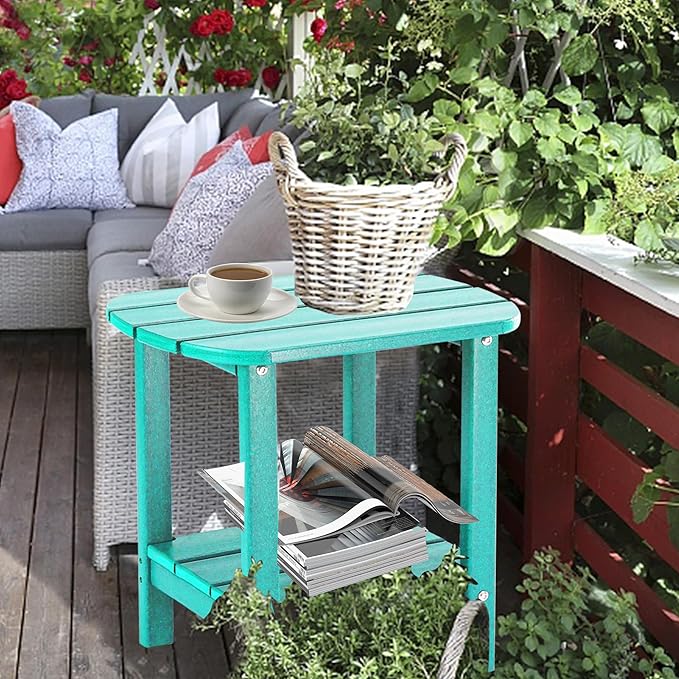 LZRS Double Adirondack Side Table, Outdoor Side Tables, End Tables for Patio, Backyard,Pool, Indoor Companion, Easy Maintenance & Weather Resistant(Turquoise)