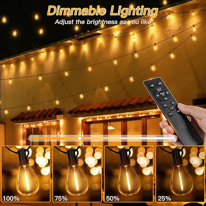 Ollny S11 50FT Outdoor String Lights with Remote, 3 Modes Dimmable Timers Waterproof Connectable Outside Lights, 24+2 LED Spare Bulbs Dusk to Dawn Hanging Light for Yard Balcony Camping Gazebo Garden