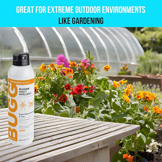 BUGGINS IV Performance - Insect Repellent - Mosquitoes, Gnats, Ticks, and Biting Flies, 25% DEET, Powdery Scent - 6 oz Continuous Spray Can