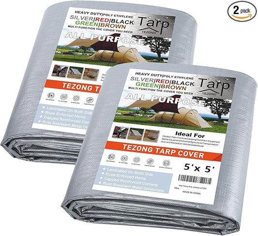 Tarp Heavy Duty Waterproof 5x5ft,TEZONG Silver Poly Tarp 12Mil Plastic Outdoor Tarpaulin Cover Multipurpose for Rain,Sun,Patio Furniture,Pool,Roof,Wood,Camping,Car 2Pack