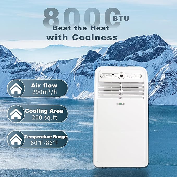 Uhome 8000 BTU Portable Air Conditioner, with Cooling, Dehumidifier, Fan, Remote Control and Window Mount Kit Included, White, 24H Timer