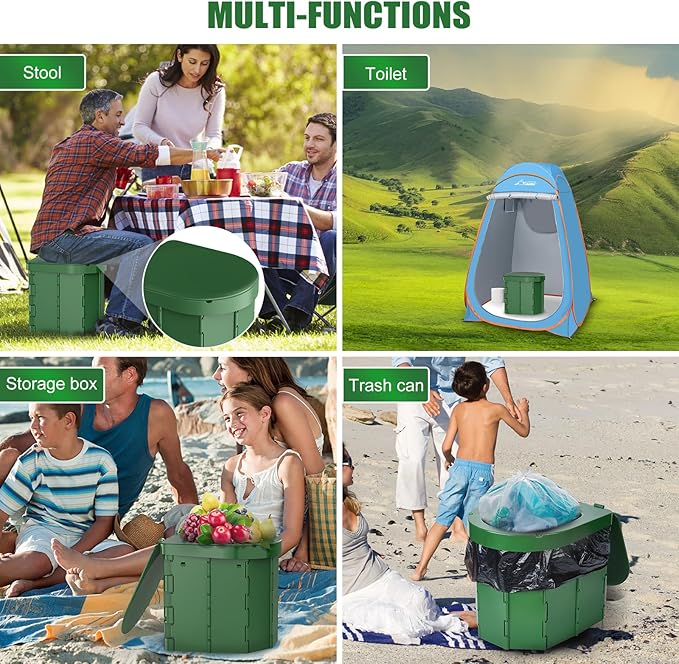 Portable Camping Toilet, Folding Toilet for Adults with Lid and Retractable Toilet Paper Holder, Waterproof Porta Potty with Carry Bag and Disposible Liners for Hiking, RV Travel, Road Trips, Green