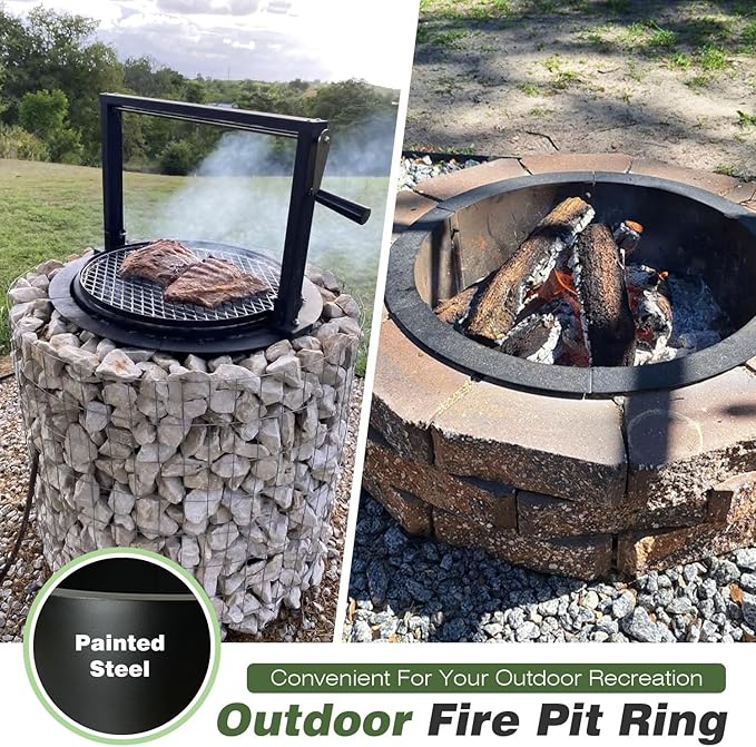 Fire Pit Ring Outdoor Wood Burning Fire Pit Liner 27.5 Inch Camping Fire Ring Painted Steel Firepit Ring Heavy Duty Campfire Ring Above or In-Ground for Bonfire Outdoor Backyard