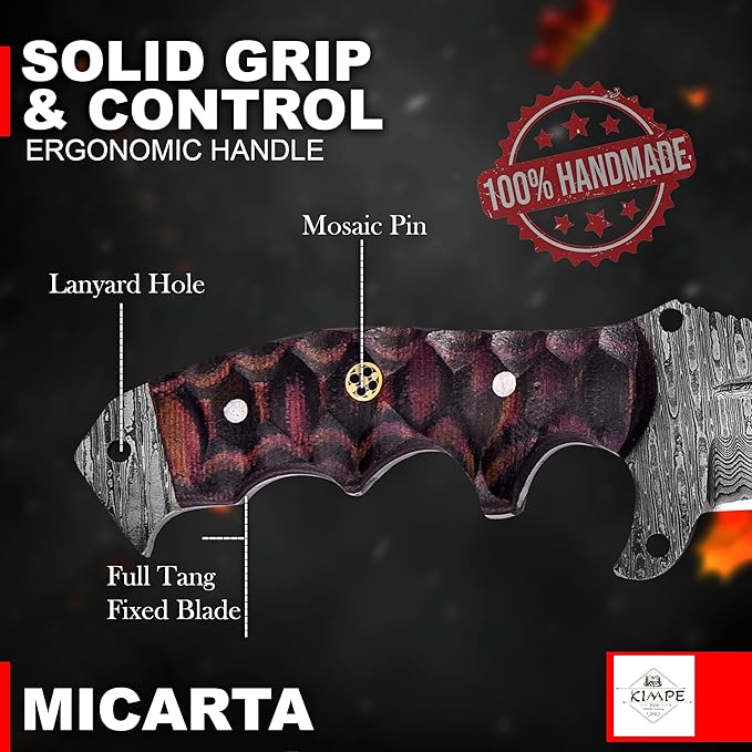 KIMPE 10.5’’ Damascus Hunting Knife with Leather Sheath-Fixed Blade EDC Knife-Bushcraft Knives-Wood Handle-Best Camping & Survival Knives-Knives for Men. (Micarta Red & Black)