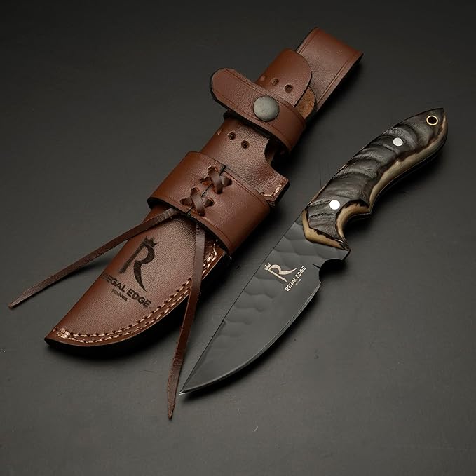 Fixed Blade Knife – 9" Black Coated Drop Point Hunting Knife With Leather Sheath - Full Tang 1095c High Carbon Steel - For Outdoor Use