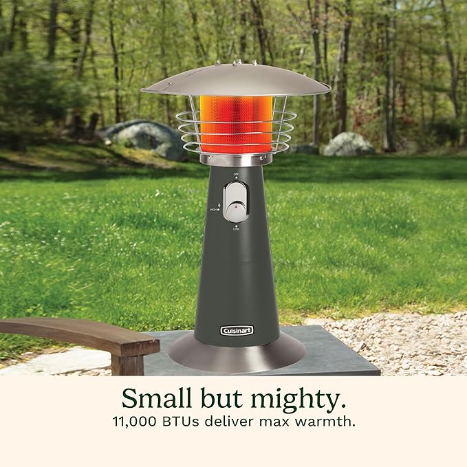 Cuisinart Portable Tabletop Patio Heater, 11,000 BTU Outdoor Propane Heater with Safety Tilt Switch and Adjustable Heat, Burner Screen Guard, 30 sq. Foot Heat Range, Gray