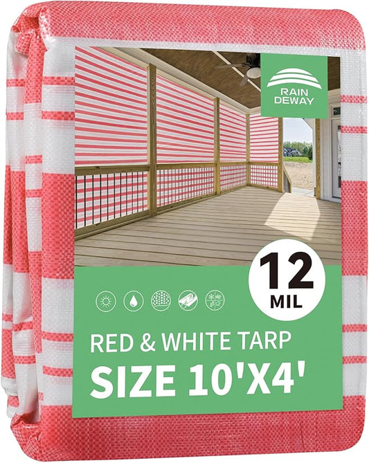 RAINDEWAY Tarps 4x10 Feet,12 Mil Sunshade Striped Tarp Waterproof,Multipurpose Poly Tarp Cover with Grommets and Reinforced Edges,Red/White Tarps