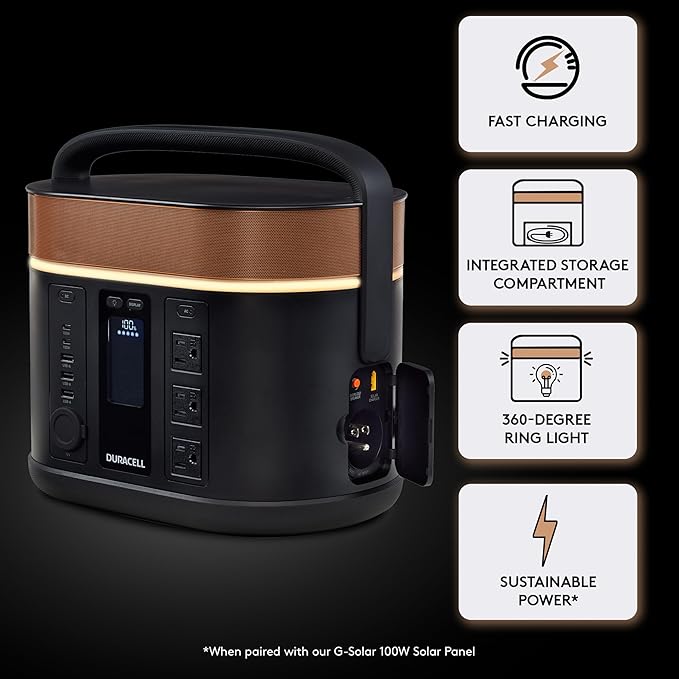 Duracell G800 Portable Power Station – Backup Power for Camping, Home, Emergency Use – 800W Lithium-Ion Battery, AC Outlets, USB-A & USB-C Ports, Solar Powered Capability (Panel Sold Separately)