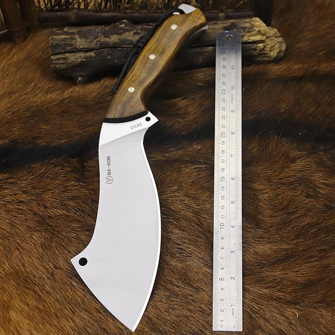 BA-KOR USA (Savior III) 8mmDC53 steel 35CM (14 ") full Tang fixed knife with leather sheath and (5.9 ") ceria ignition head, suitable for outdoor hunting, camping, clearing, adventure, fishing, EDC, BBQ (BA-K0d(8mm))
