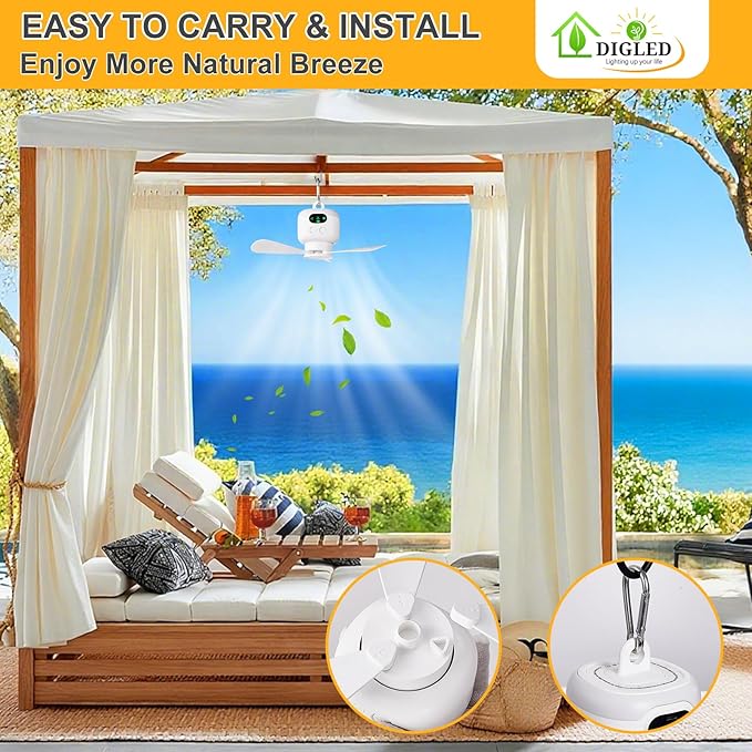 Battery Operated Ceiling Fan: 11" Portable Camping RV Tent Fan with Lights - Outdoor Hanging Rechargeable 8000mAh - Hook Type Remote Fans for Gazebo Patio Canopy Beach Dormitory Bedroom 5V/2A