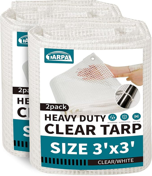 TARPAL 3'x3'(2pack Clear White Tarp Heavy Duty Waterproof 12mil with Grommets or Zip Ties for Small Greenhouse for Outdoors Garden,Farm,Chicken Coops