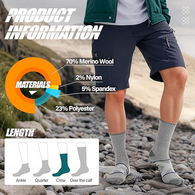 ANTSANG 5 Pairs Merino Wool Hiking Socks for Men & Women Thermal Winter Warm Moisture Wicking Cushion Boot Socks