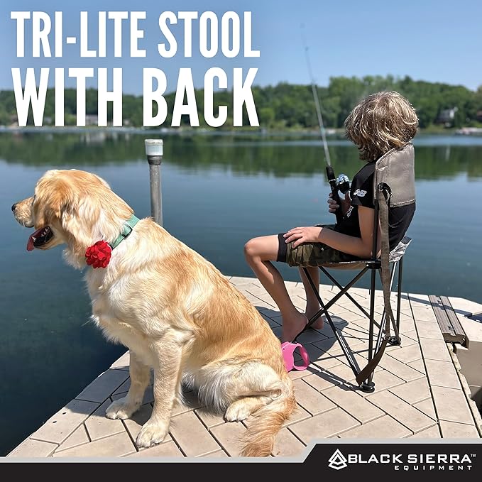 Black Sierra XL Tripod Hunting Stool w/Backrest, Lightweight Portable Fishing Chair w/Cupholder and Carry Strap, Supports 225 Lbs, Portable Outdoor Chair for Hunting, Camping, Travel, Hiking