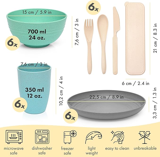 FOODLE Wheat Straw Dinnerware Set - BPA Free & Safety Certified - Microwave & Dishwasher Safe - Perfect for Kids, College Dorm, Picnic, Camper, RV Dishes - Camping Plates Cups and Bowls Set - For 6