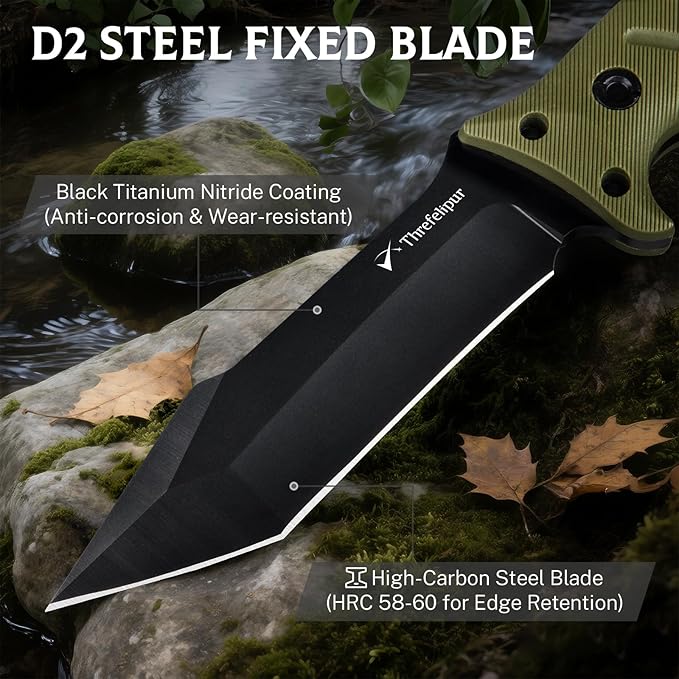 Tanto Camping Knife for Men, D2 Steel Fixed Blade Tactical Survival Knife with Sheath - Compact & Portable for Outdoor Hiking, Bushcraft, G10 Handle - Green