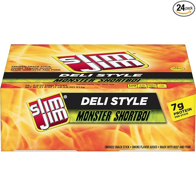 Slim Jim Monster Shortboi Smoked Meat Sticks, Deli Style Original Flavor, 7g Protein Per Stick, Snack Size, Lunchbox Snack, 0.9 oz. (24 Count)