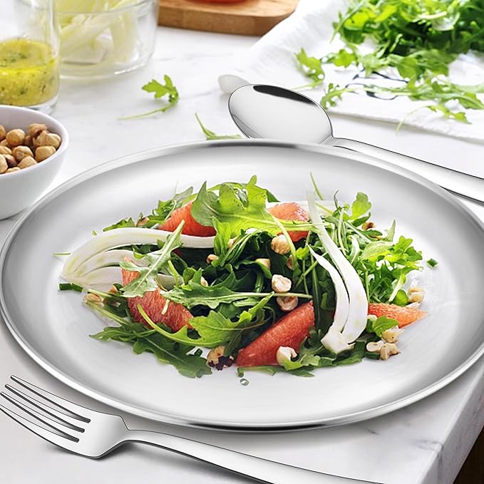 Homikit 6 Pack Stainless Steel Plate Set, 10.2 Inch Metal Kids Dinner Plates for Children Adult, Round Camping Plates for Serving Dishes Dessert Salad, Non Toxic & Reusable, Dishwasher Safe