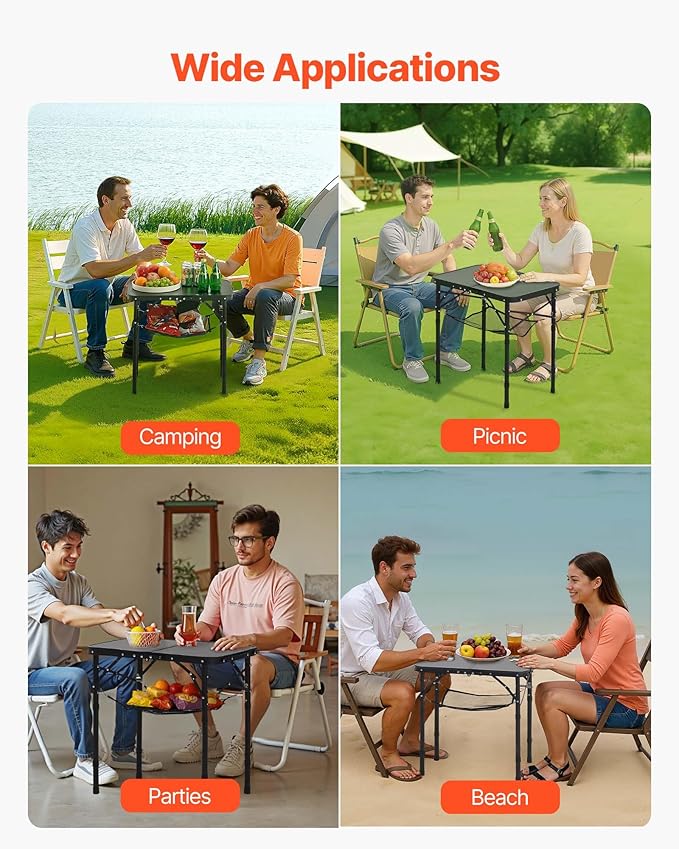 VEVOR Folding Camping Table, Adjustable Height Portable Side Tables, Aluminum MDF Beach Table with Mesh Layer, Carrying Handle, Lightweight Compact for Outdoor Picnic BBQ Cooking (24inch-Black)