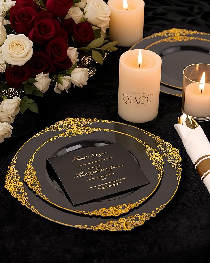 Nervure 175PCS Black Plastic Plates - Disposable Black Gold Party Plates & Pre Rolled Napkins with Cutlery for 25 Guests, 50Plates, 75Silverware, 25Cups, 25Napkin for Wedding & Party & Halloween