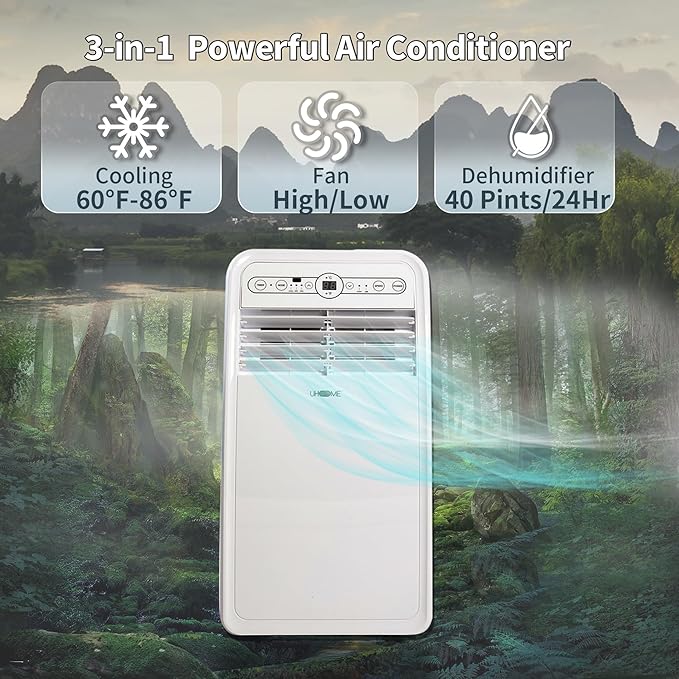 Uhome 8000 BTU Portable Air Conditioner, with Cooling, Dehumidifier, Fan, Remote Control and Window Mount Kit Included, White, 24H Timer