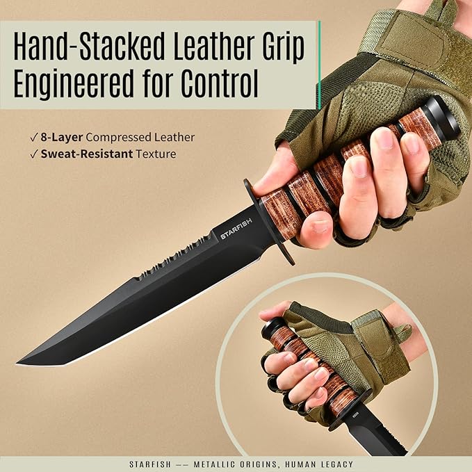 STARFISH Full Tang Fixed Blade Knife, 7.0” DC53 Steel Blade with Black Titanium Coating Hunting Knife with Sheath, Ergonomic Leather Handle Bushcraft Bowie Knives for Camping, Hiking