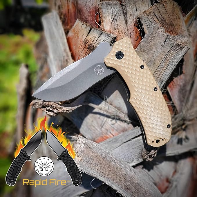 Off-Grid Knives - Rapid Fire Coyote, Large Assisted EDC, Hard Use Construction, Camping and Survival, Cryogenic D2 Blade Steel, Titanium Nitride Coating with G10 Scales, Deep Pocket Carry