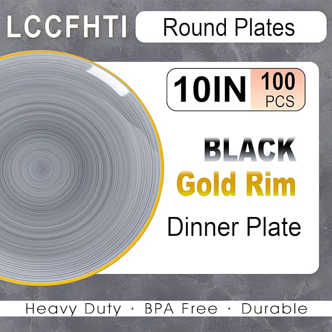 100PCS Transparent Black Gold Plastic Plates, 10 Inch Heavy Duty Disposable Dinner Plates with Gold Rim, Round Party Plates for Wedding, Party, Camping, Picnic, Birthday
