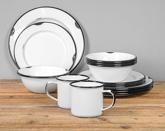 Red Co. 16-Piece Enamelware Metal Dinnerware Set for 4, Distressed White/Black Rim