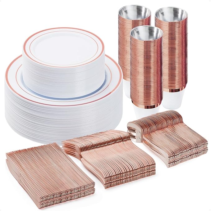 300PCS Plastic Dinnerware Set (50 Guests), Rose Gold Disposable Plates for Party, Wedding, Christmas, Anniversary, Includes: Dinner Plates, Dessert Plates, Cups, Spoons, Forks and Knives