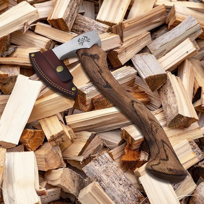 15" Camping Hatchet, Hand-Forged Axe with Sheath for Wood Chopping and Splitting, Bushcraft Axe with Beech Handle for Outdoor Camping and Survival