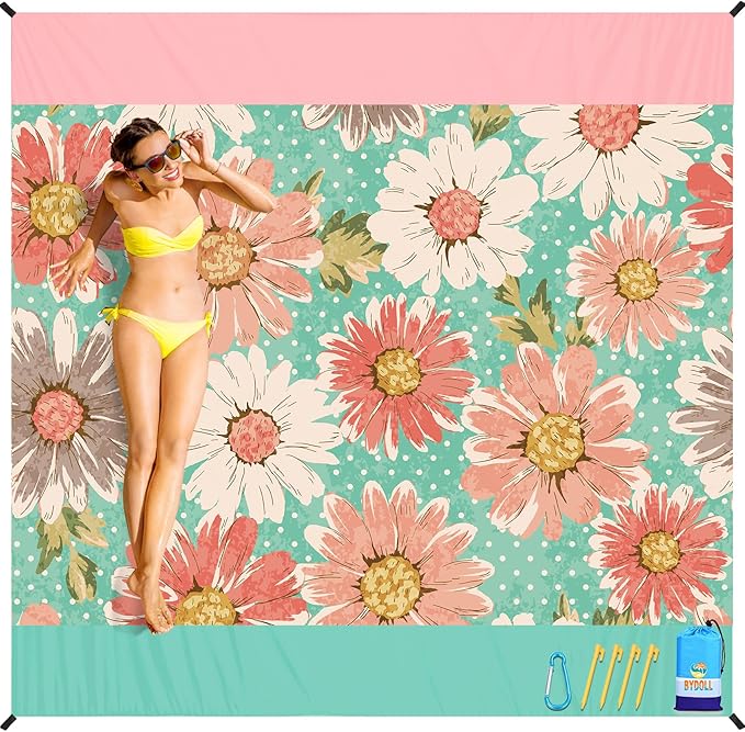 BYDOLL Beach Blanket Waterproof Sandproof 78''ร81'' Suits1-4 Adults Compact Lightweight Oversized Sand-Free Blanket Large Picnic Mat for Beach Travel Camping Hiking